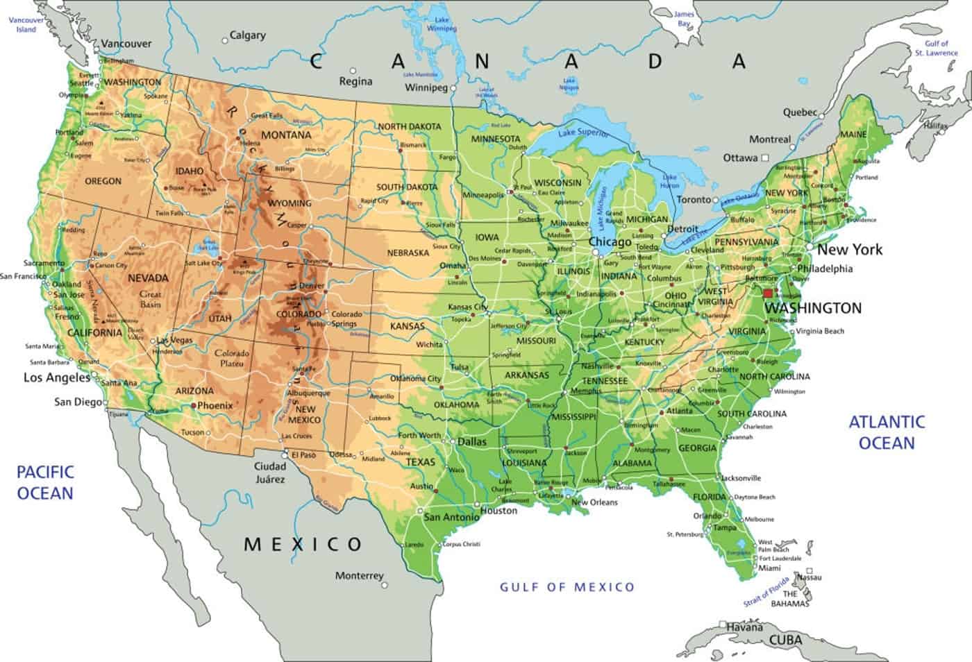 Mapa de Estados Unidos político con nombres (Estados y Capitales